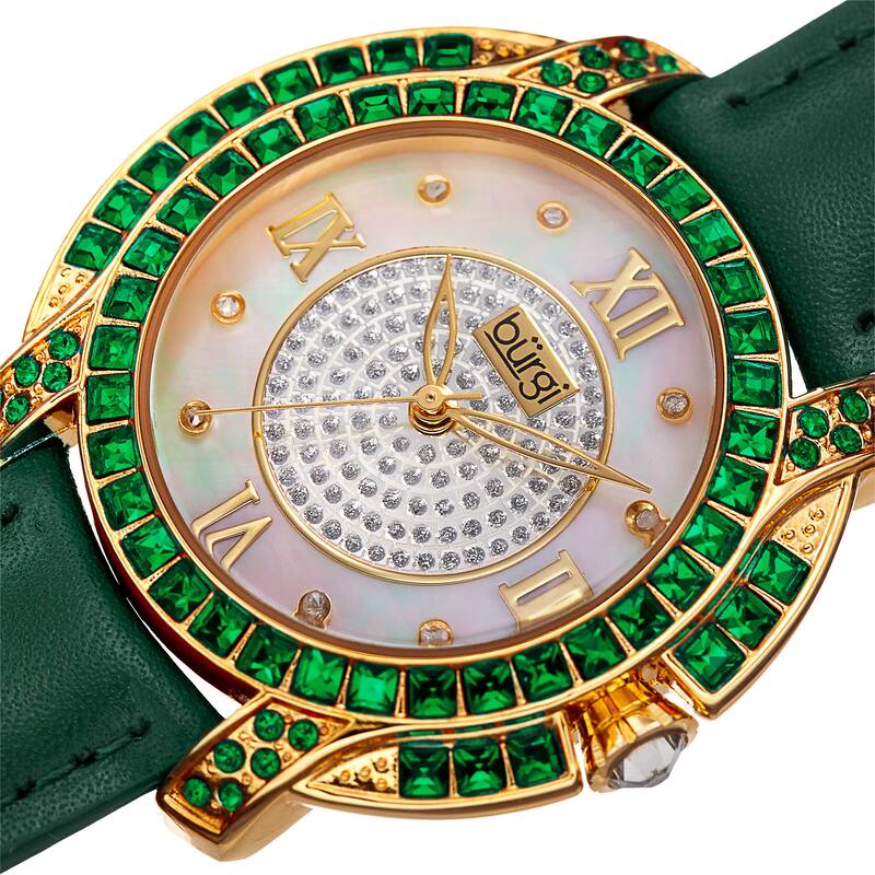 Burgi Women's Quartz Square-Cut Swarovski Crystals Leather Green Strap Watch