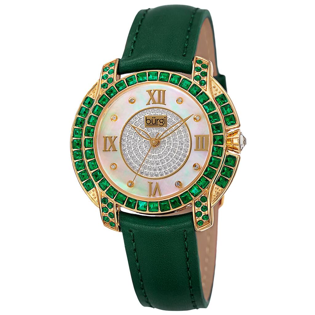 Burgi Women's Quartz Square-Cut Swarovski Crystals Leather Green Strap Watch