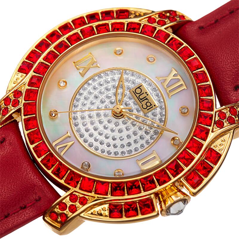 Burgi Women's Quartz Square-Cut Swarovski Crystals Leather Red Strap Watch