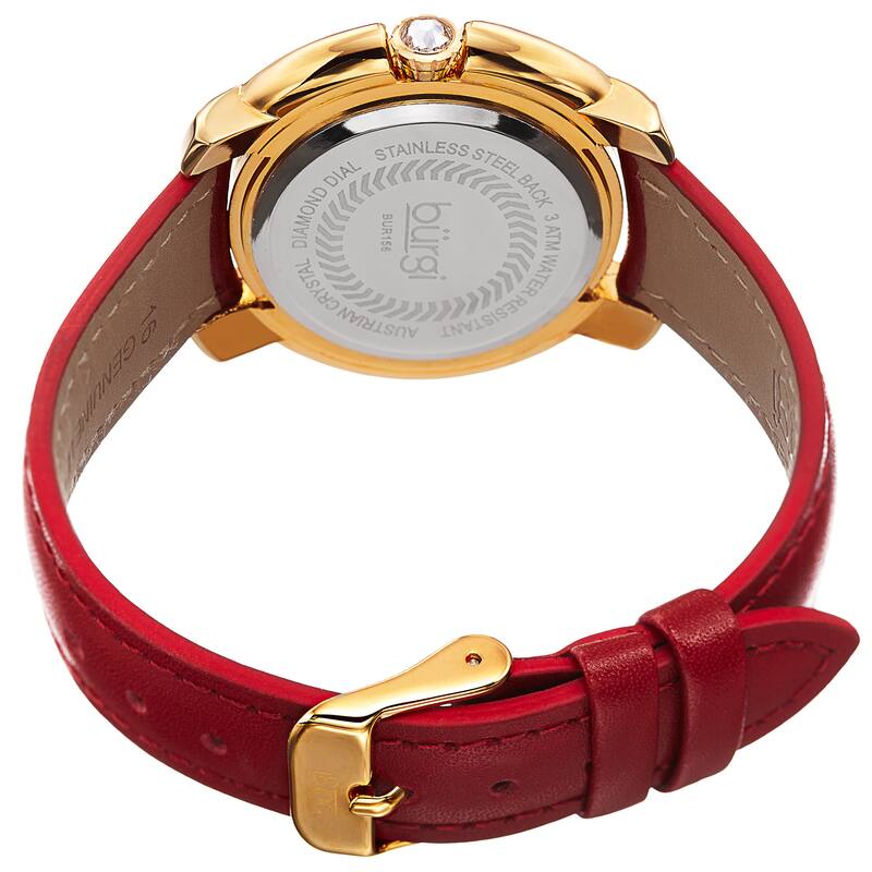 Burgi Women's Quartz Square-Cut Swarovski Crystals Leather Red Strap Watch