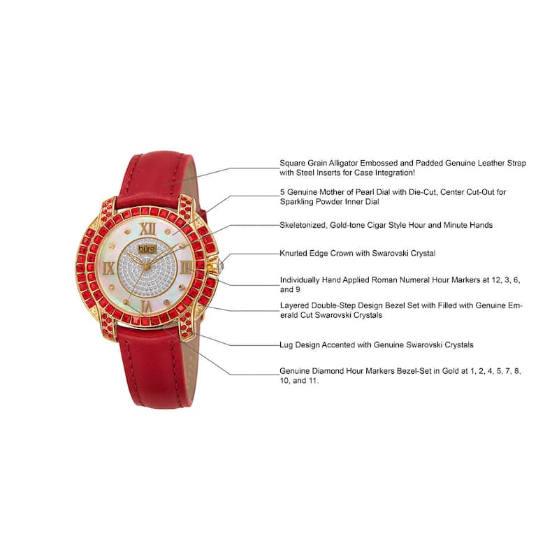 Burgi Women's Quartz Square-Cut Swarovski Crystals Leather Red Strap Watch
