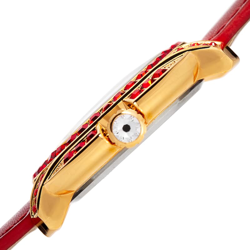 Burgi Women's Quartz Square-Cut Swarovski Crystals Leather Red Strap Watch
