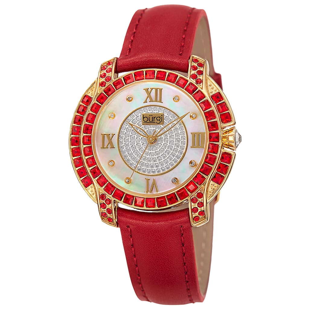 Burgi Women's Quartz Square-Cut Swarovski Crystals Leather Red Strap Watch