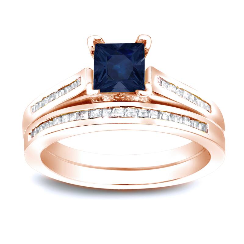 Auriya 14k Gold 4/5 carat Princess-cut Blue Sapphire and 3/4ct TDW Diamond Engagement Ring Bridal Set - 4 - Rose