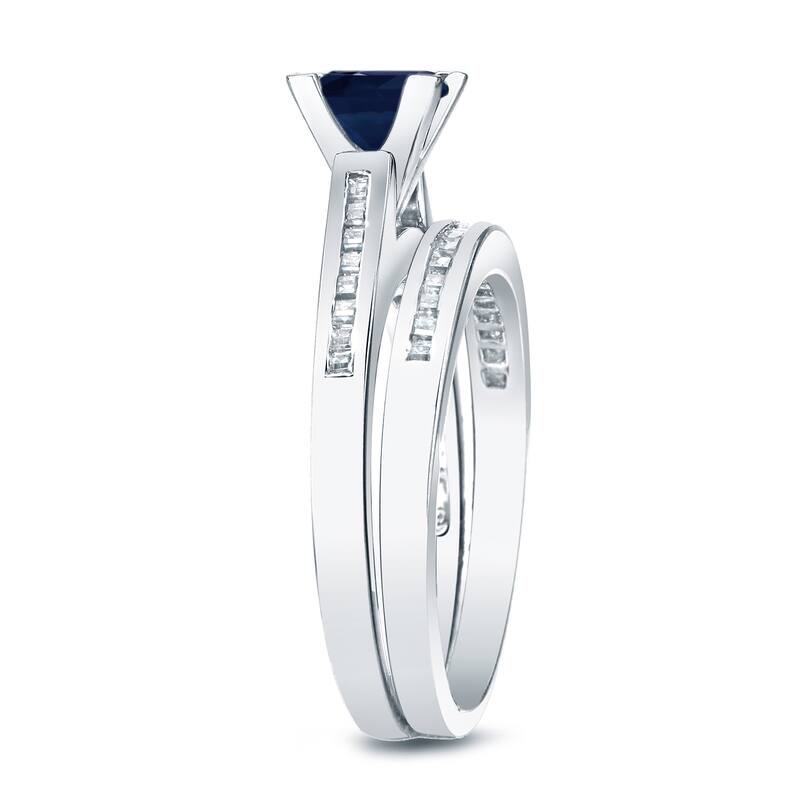 Auriya 14k Gold 4/5 carat Princess-cut Blue Sapphire and 3/4ct TDW Diamond Engagement Ring Bridal Set