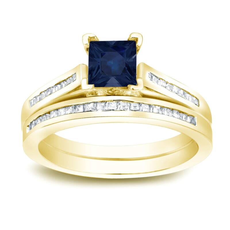 Auriya 14k Gold 4/5 carat Princess-cut Blue Sapphire and 3/4ct TDW Diamond Engagement Ring Bridal Set - 9.5 - Yellow