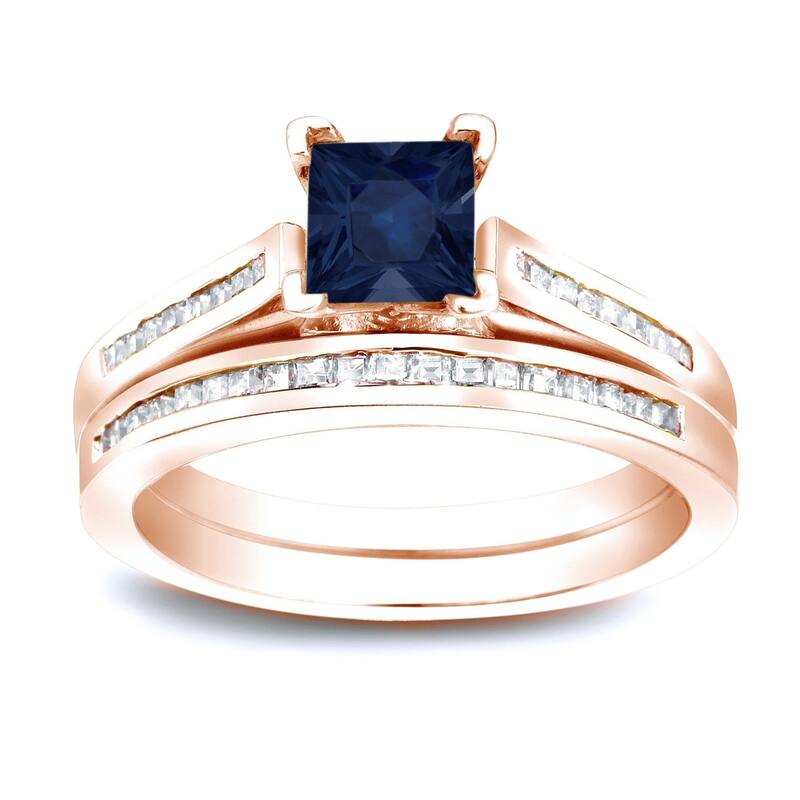 Auriya 14k Gold 4/5 carat Princess-cut Blue Sapphire and 3/4ct TDW Diamond Engagement Ring Bridal Set - 9.5 - Rose
