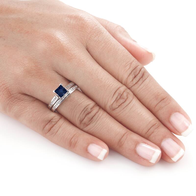 Auriya 14k Gold 4/5 carat Princess-cut Blue Sapphire and 3/4ct TDW Diamond Engagement Ring Bridal Set