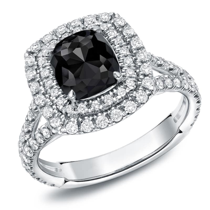 Auriya 18k Gold 2 1/2ctw Cushion-cut Double Halo Black Diamond Engagement Ring