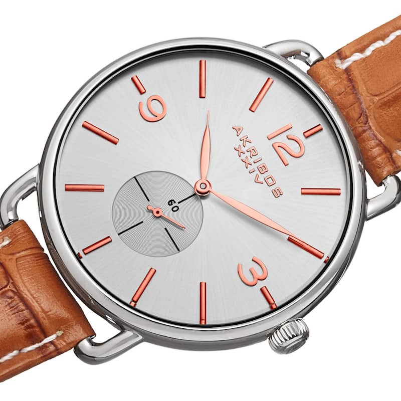 Akribos XXIV Women's Slim Sunray Dial Genuine Leather Strap Watch - brown