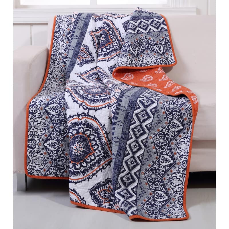 Greenland Home Fashions Medina Saffron 100% Cotton Reversible Paisley Quilted Throw