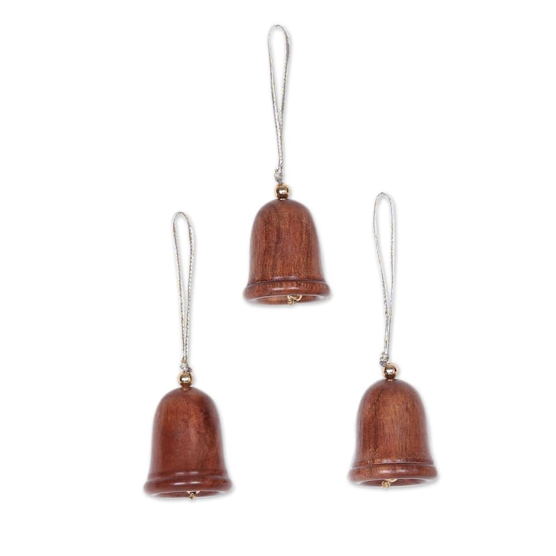 NOVICA Handmade Bells of Peace Acacia Wood Ornaments, Set of 3 (India) - Brown