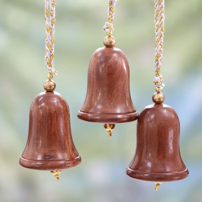 NOVICA Handmade Bells of Peace Acacia Wood Ornaments, Set of 3 (India)