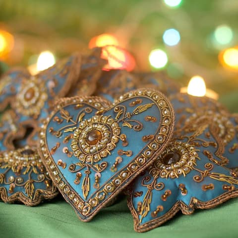 Set of 10 Handmade Beaded 'Teal Joy' Ornaments (India)