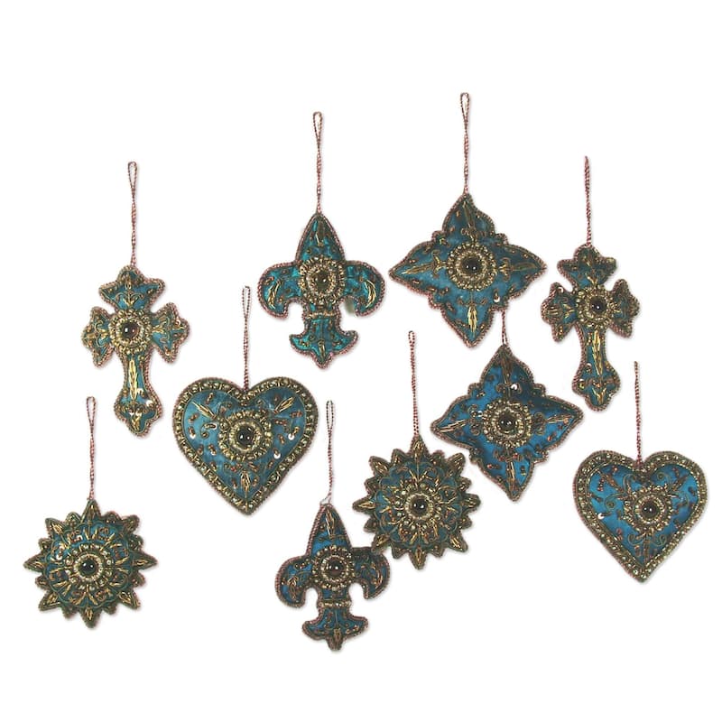 Set of 10 Handmade Beaded 'Teal Joy' Ornaments (India)