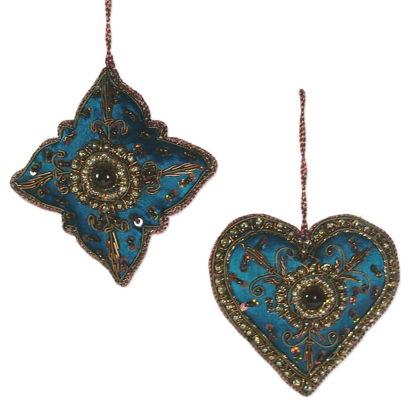 Set of 10 Handmade Beaded 'Teal Joy' Ornaments (India)