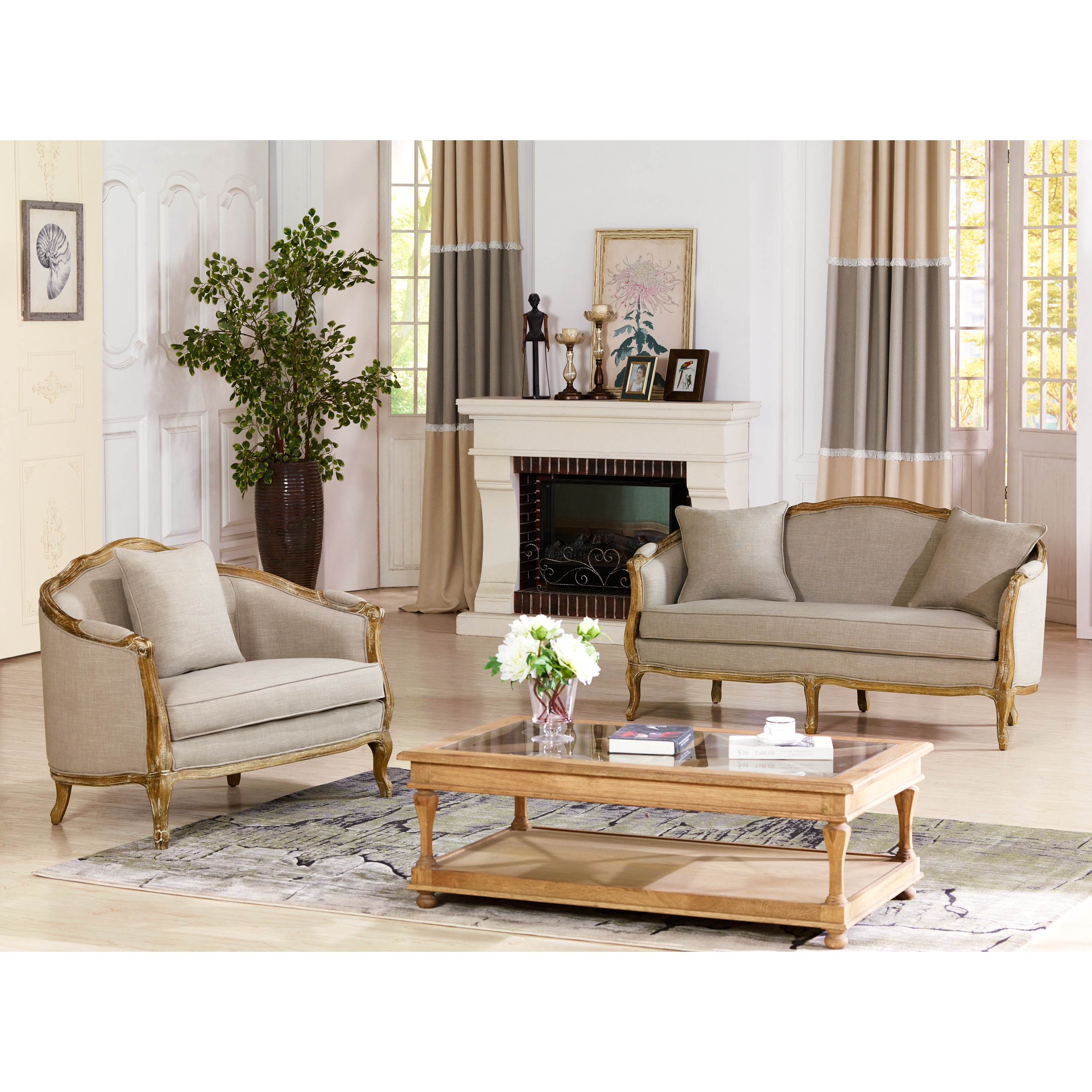 Baxton Studio Celandine French Country White Wash Weathered Oak Distressed Beige Linen 3 Seater Sofa And 2 Seater Loveseat Set