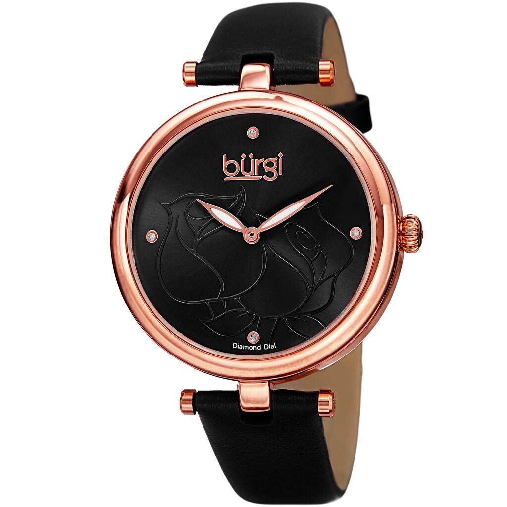 Burgi Women's Quartz Floral Rose Design Leather Black Strap Watch