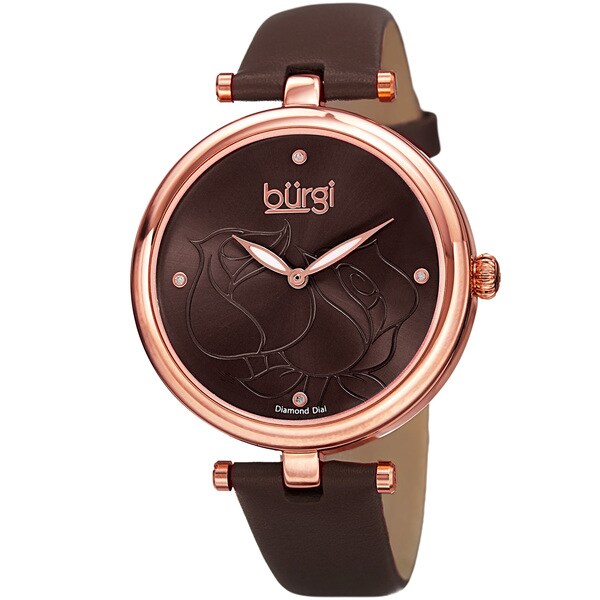 Burgi Women's Quartz Floral Rose Design Leather Brown Strap Watch
