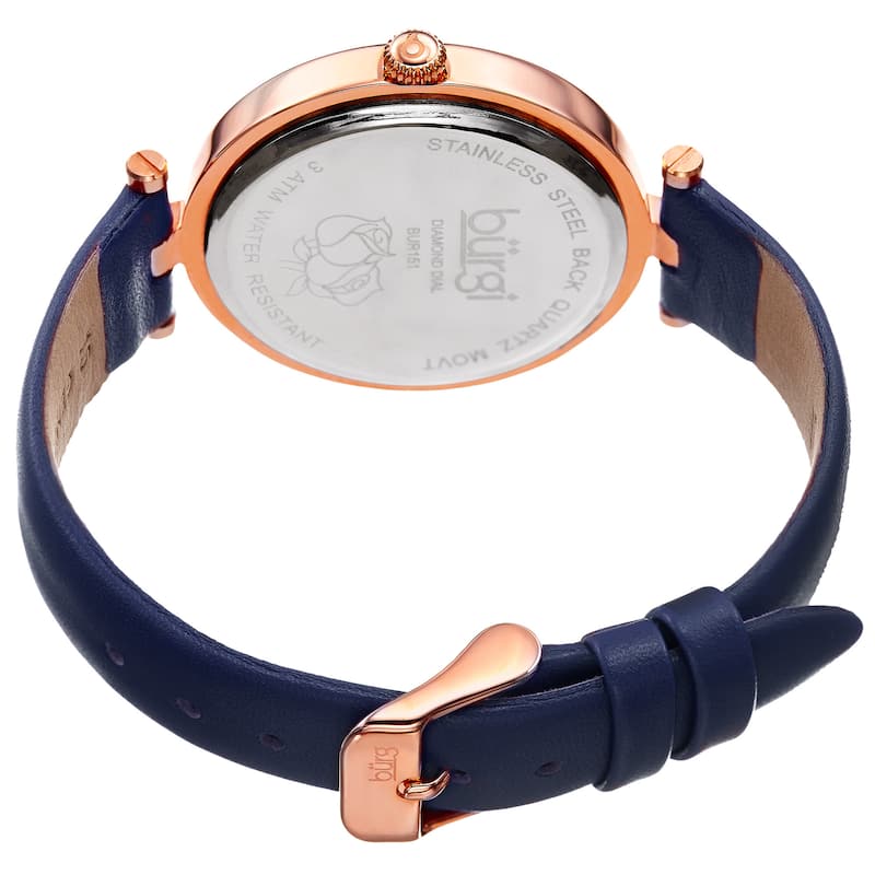 Burgi Women's Quartz Floral Rose Design Leather Blue Strap Watch