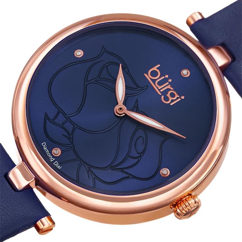 Burgi Women's Quartz Floral Rose Design Leather Blue Strap Watch