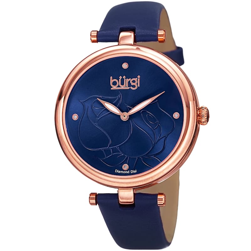 Burgi Women's Quartz Floral Rose Design Leather Blue Strap Watch