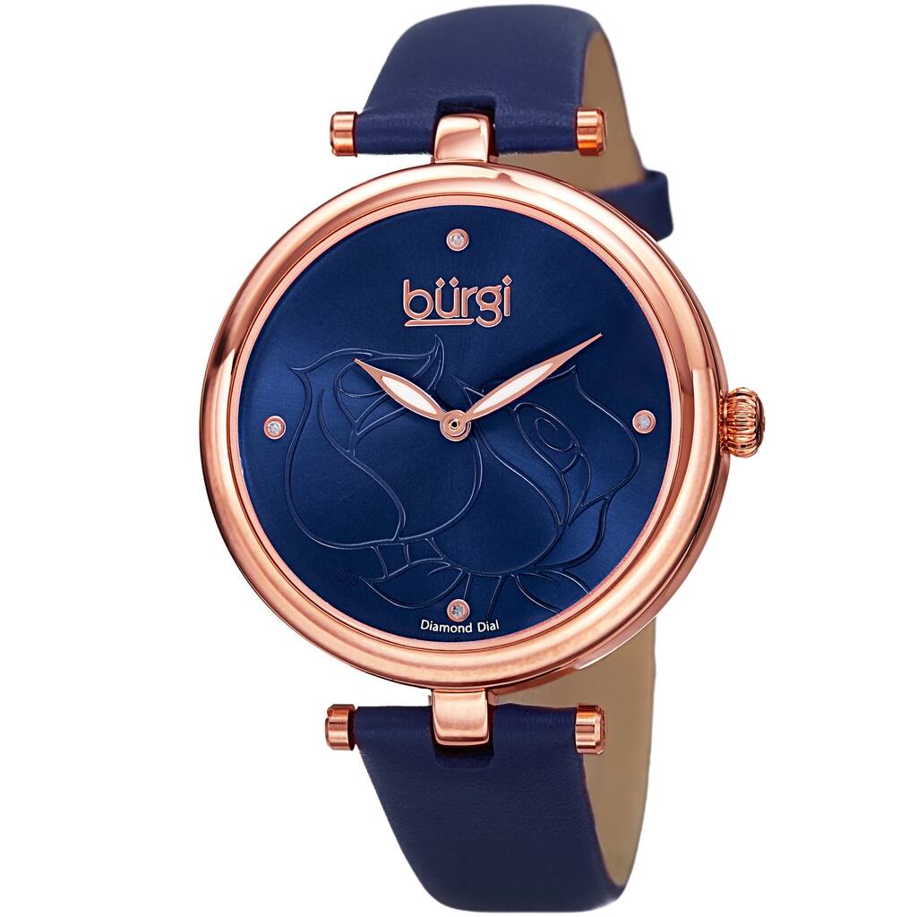 Burgi Women's Quartz Floral Rose Design Leather Blue Strap Watch