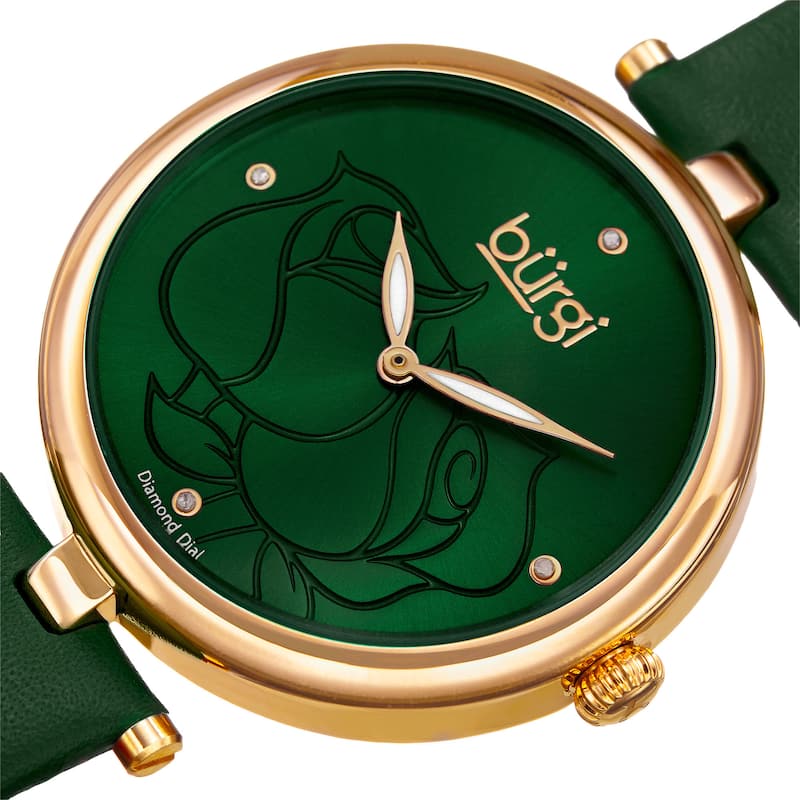 Burgi Women's Quartz Floral Leather Green Strap Watch