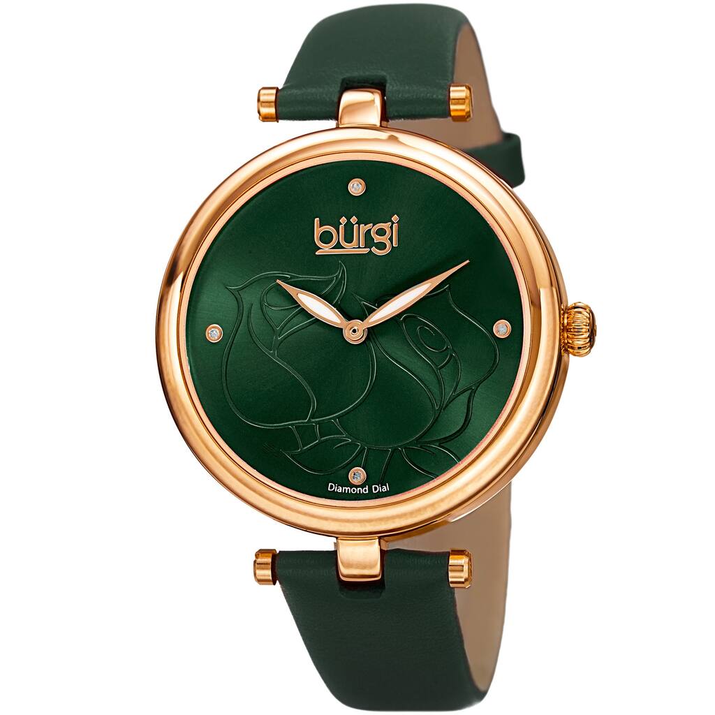 Burgi Women's Quartz Floral Leather Green Strap Watch