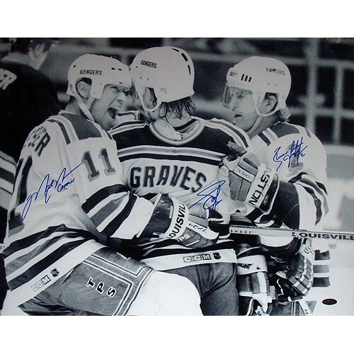 Graves Leetch & Messier Triple Signed B&W Celebration w/Captain Insc.16x20 Photo