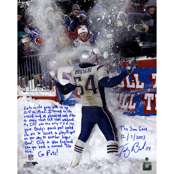 Tedy Bruschi Signed Snow Game and Super Bowl 16x20 Story Photo (L/E of 50)