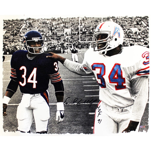 Earl Campbell Signed Walking With Walter Payton B/W w/ Color Accent 20x24 Canvas w/ HOF 91 Inscription