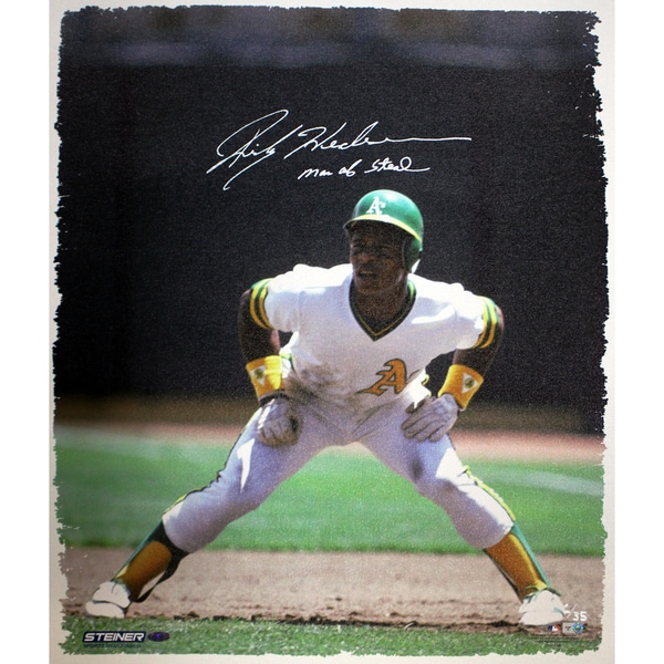 Rickey Henderson Oakland Athletics on Base 20x24 Canvas w/ “Man Of Steal” Insc LE/35 (Web Exclusive)