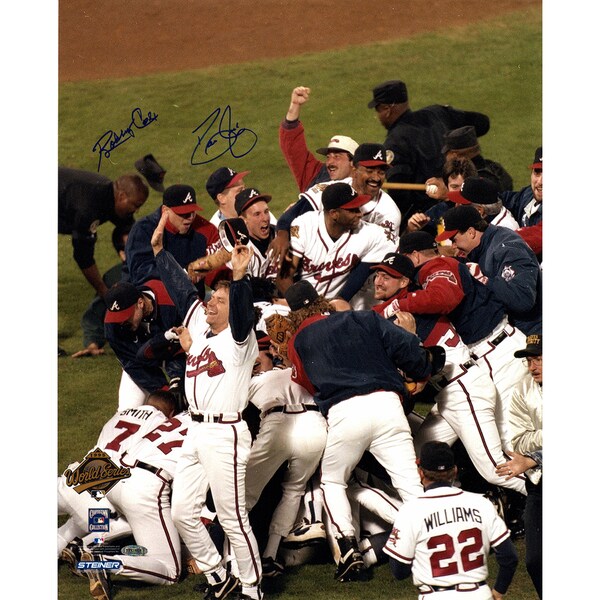 David Justice/Bobby Cox Dual Signed 1995 WS Celebration 16x20 Photo