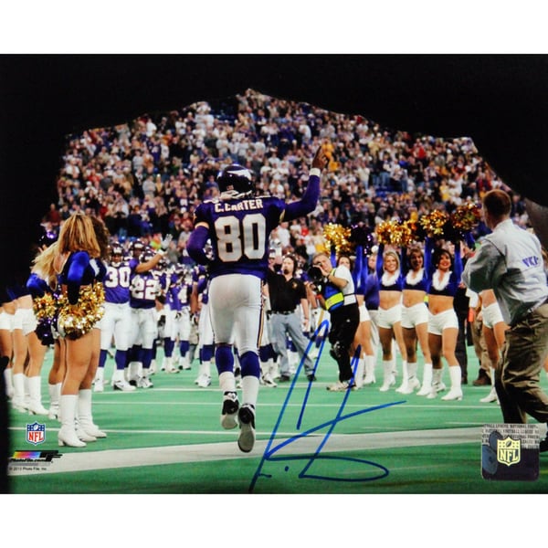 Cris Carter Signed Coming Out Of The Tunnel Pointing Back View 16x20 Photo w/ HOF insc