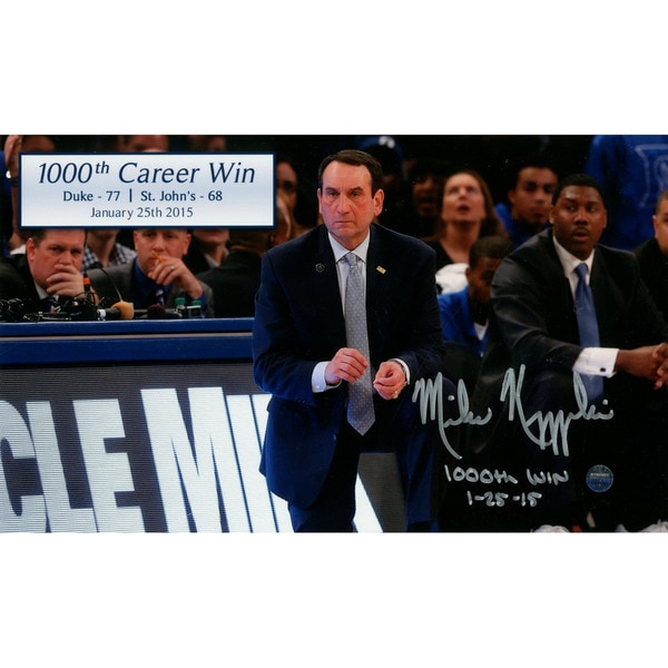 Mike Krzyzewski Signed 1000th Career Win 6x10 Photo w/ 1000th Win & Date Insc - Black
