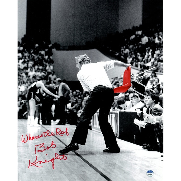 Bob Knight Signed Throwing Chair B&W w/ Red Chair 8x10 Photo w/ "Where’s The Ref" Insc.