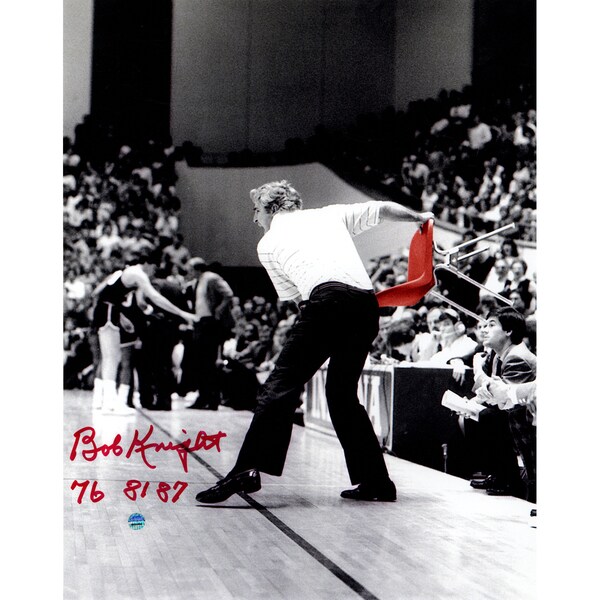 Bob Knight Signed Throwing Chair B&W w/ Red Chair 11x14 Photo w/ "76, 81, 87" Insc