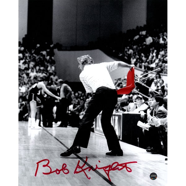 Bob Knight Signed Throwing Chair B&W w/ Red Chair 8x10 Photo