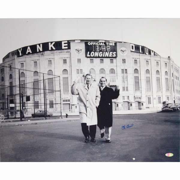Yogi Berra Signed B/W Standing Outside Original Yankee Stadium With Whitey Ford 16x20 Photo