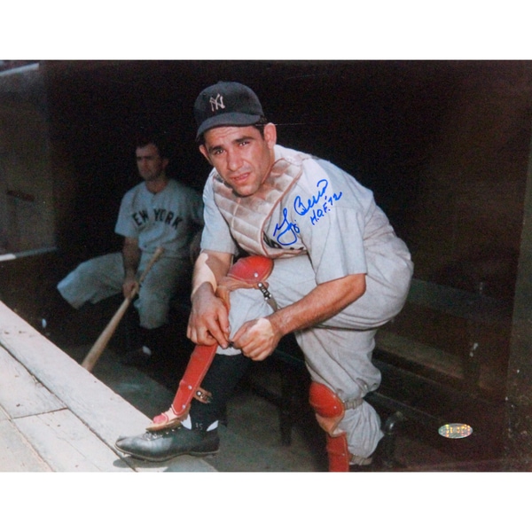 Yogi Berra Putting On Shin Guard 11x14 Horizontal Photo w/ “HOF 72” insc