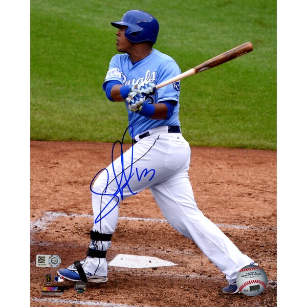 Salvador Perez Signed Blue Jersey Swing Photo (MLB Auth)