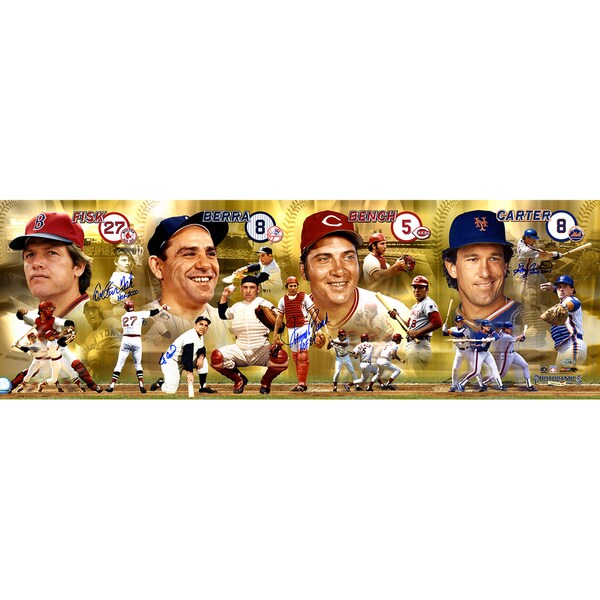 Hall Of Fame Catchers (Yogi, Bench, Fisk, Carter) Signed Panoramic 12x36 Photo w/ HOF insc by Carter, Fisk and Bench