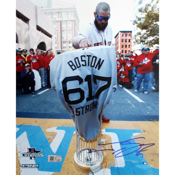 Jonny Gomes Signed World Series Tropy at Finish Line w/ Boston Strong Jersey 8x10 Photo (MLB Auth Only)