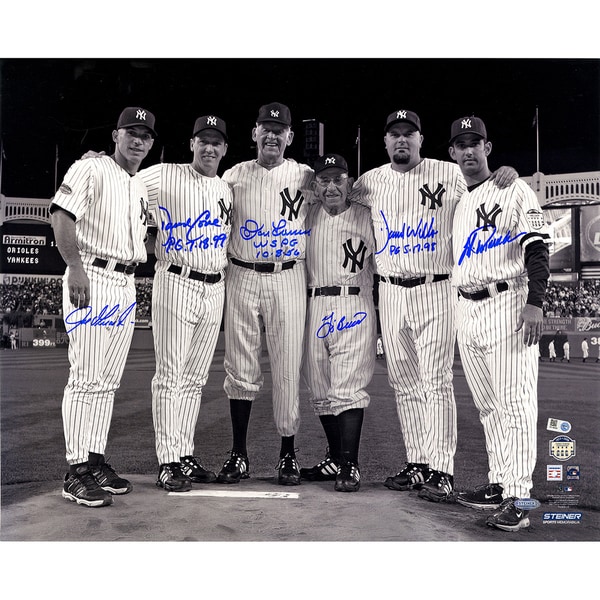 Final Game at Yankee Stadium Perfect Game Battery Mates Signed Metallic B/W 16x20 Photo w/ PG Insc (MLB Auth) (6 Signatures)