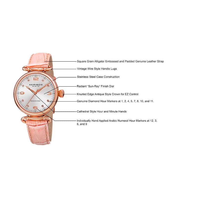 Akribos XXIV Women's Quartz Diamond Leather Strap Watch - Pink