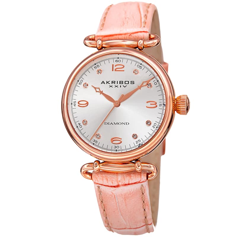 Akribos XXIV Women's Quartz Diamond Leather Strap Watch - Pink