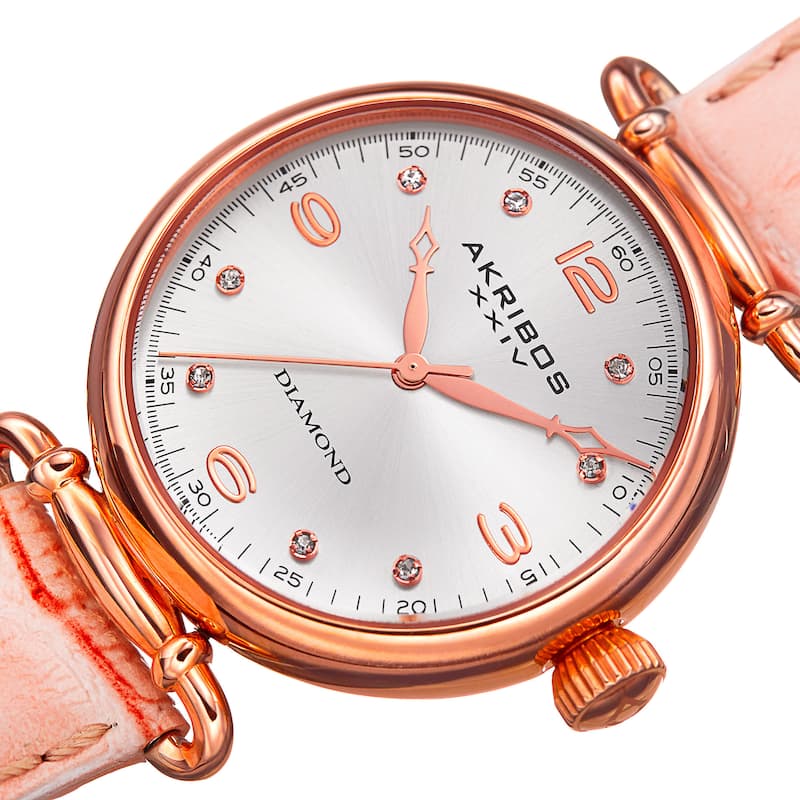 Akribos XXIV Women's Quartz Diamond Leather Strap Watch - Pink