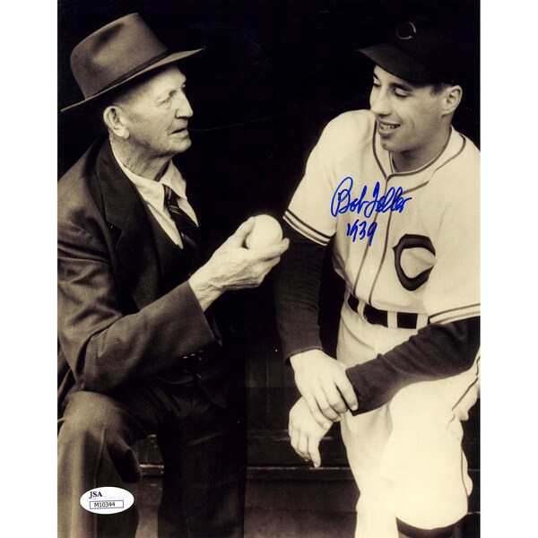 Bob Feller in Dugout Vertical B/W 8X10 Photo/w"1939"Insc. ( JSA)