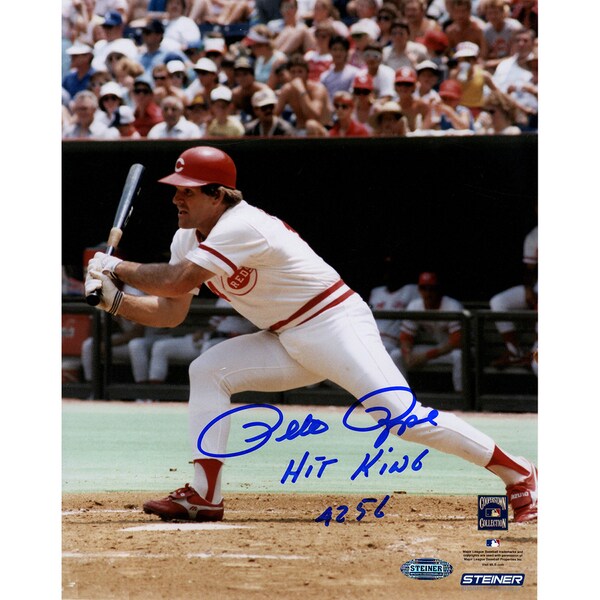Pete Rose Signed Swinging 8x10 Photo w/ Hit King 4256 Insc
